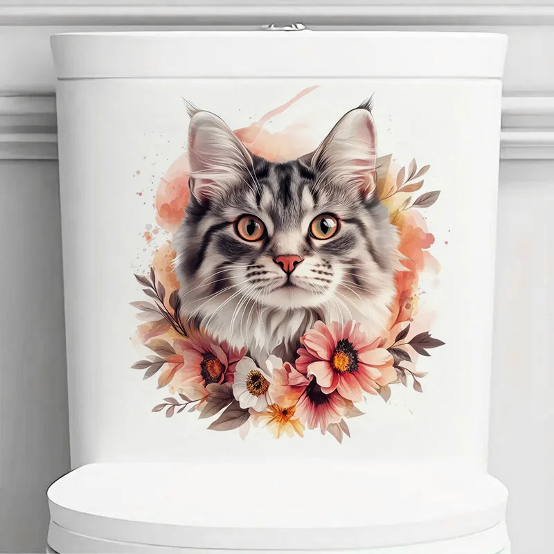 MT892# Floral Kitten Stickers,Wall Toilet Decal Removable, Vinyl Car Sticker for Bathroom Decor, Outdoor Indoor Use