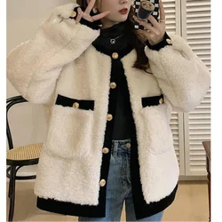 2023 Autumn and Winter New Fashion Temperament Women's Clothing Splice Pockets Button Round Neck Long Sleeve Solid Color Sweater