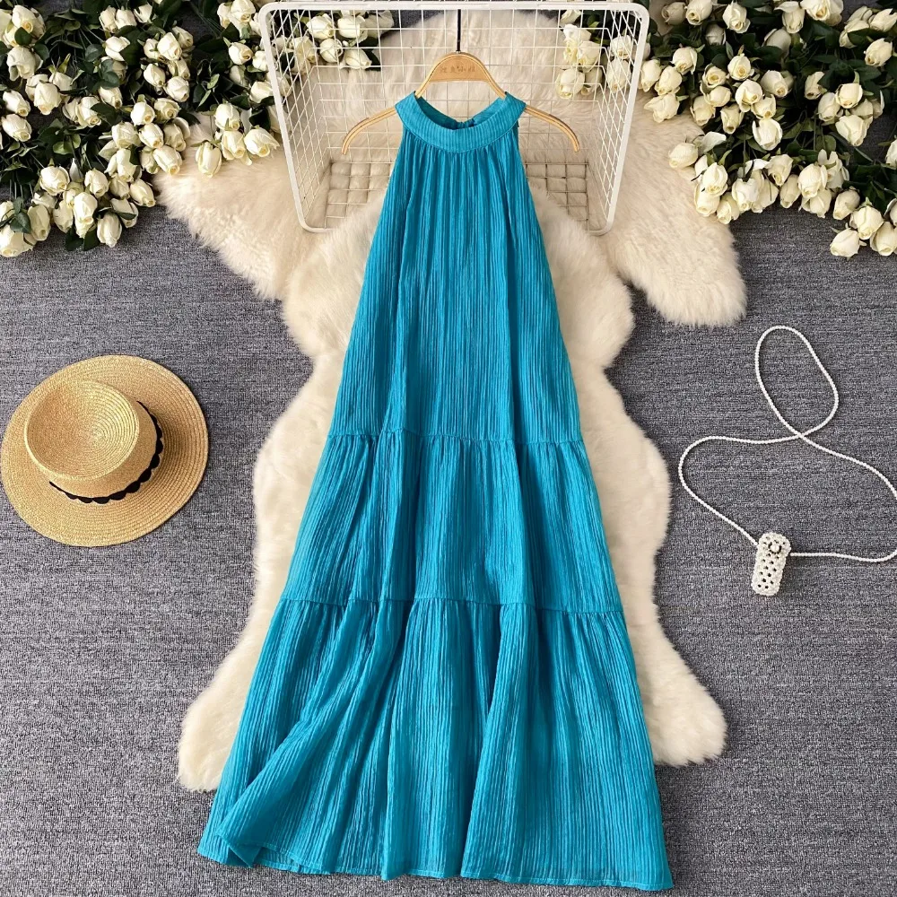 French Elegant Backless sleeveless Halter Dress Fairy A-line Vestidos Women Beach Sweet Bandage loose Dresses