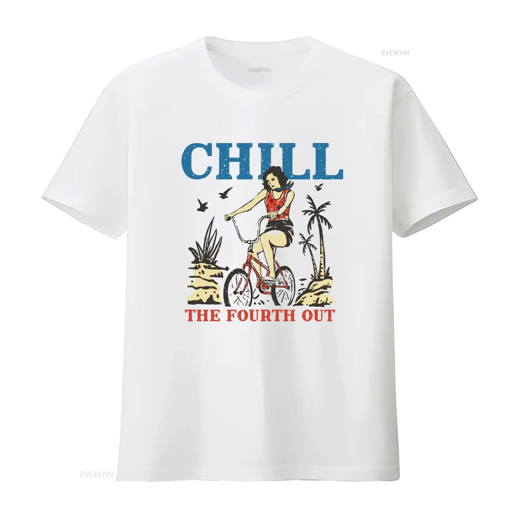 Vintage Retro Summer Chill Fourth Out Beach Biking Girl Print Casual T Shirt vintage Washed homme Comfortable graphic Versatile