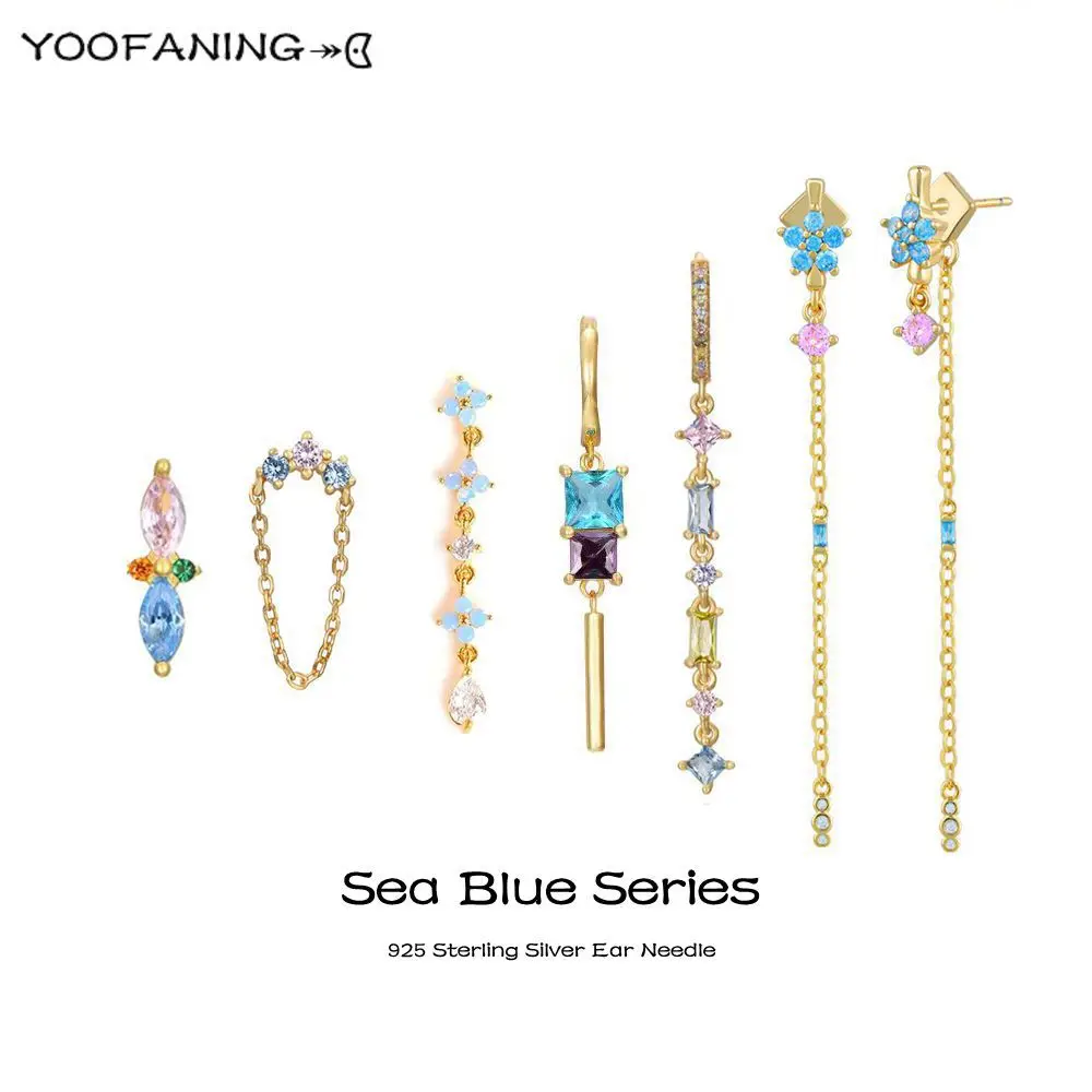 

925 Silver Ear Needle Premium Blue Buckle Earrings for Women Exquisite Flower Tassel Crystal Perforated Earrings Party Jewelry