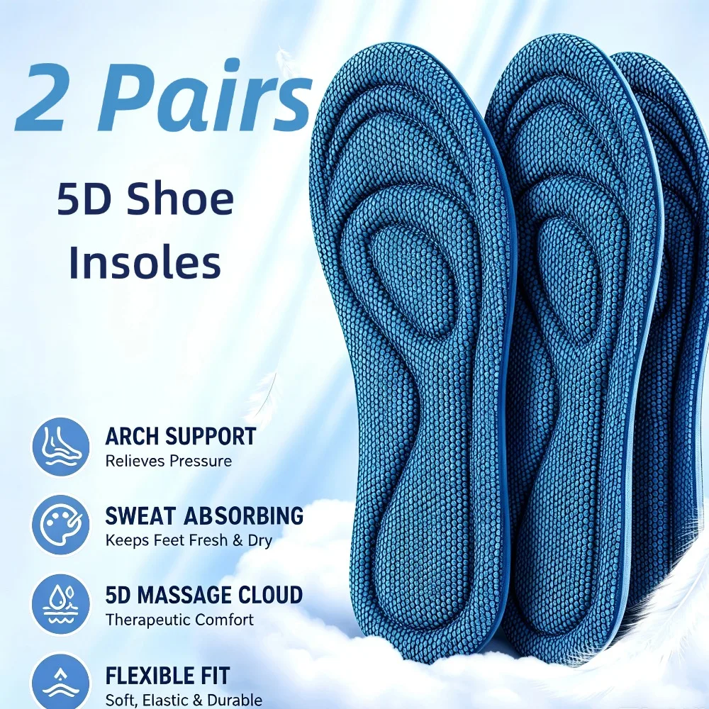 2 Pairs 5D Shoe Insoles Arch Support Cushion Pads Breathable Sweat-Absorbent Inserts for Running Work Sneakers Boots Cushion