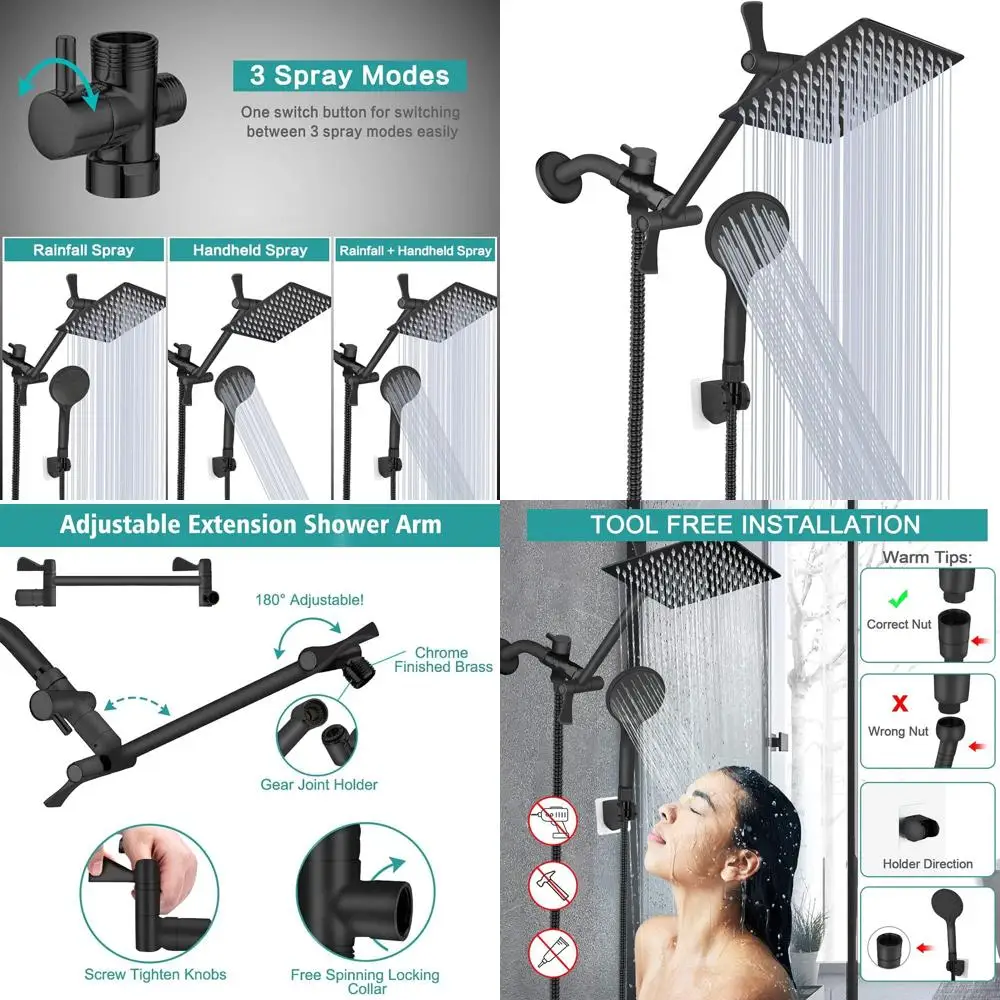 

8'' Pure Rainfall Shower Combo with 11'' Arm, 9 Modes, Matte Black, Adjustable Height & Angle