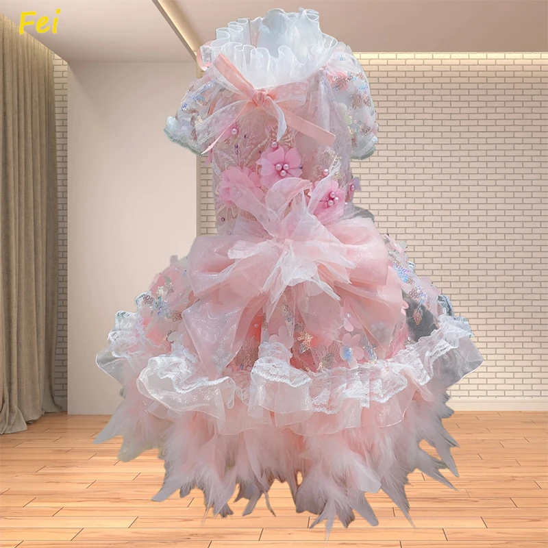 

Elegant Lace Dog Wedding Dress - Handmade Embroidery Princess Gown for Puppy Poodle Bridal Party, Pink Pet Skirts​