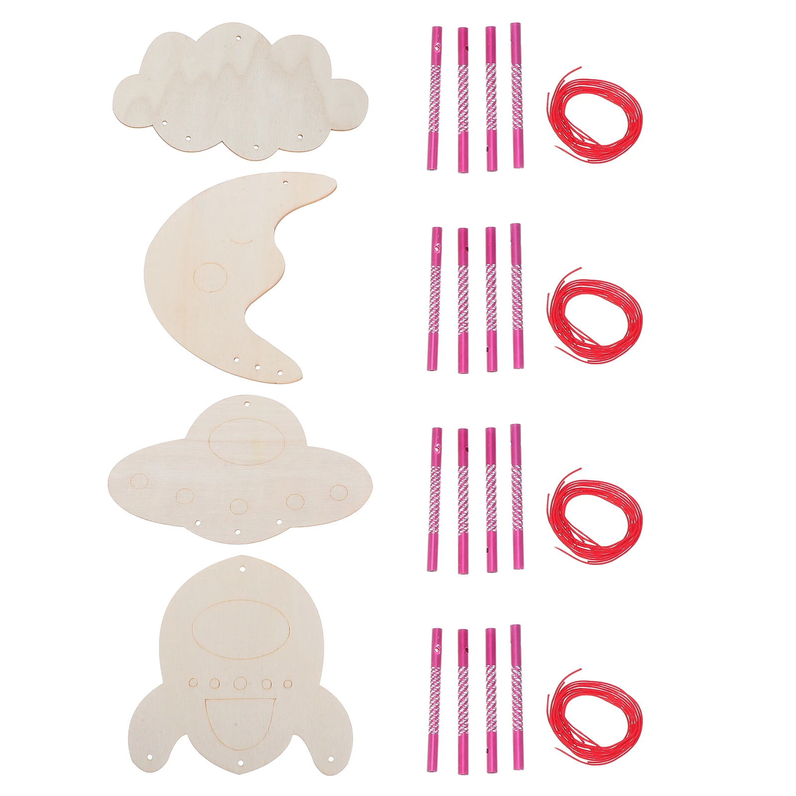 

4 set Diy Wind Chime Kit Unfinished Wooden Cloud Moon Spaceship Rocket Cutouts Kids Painting Craft Creative Coloring Preschool