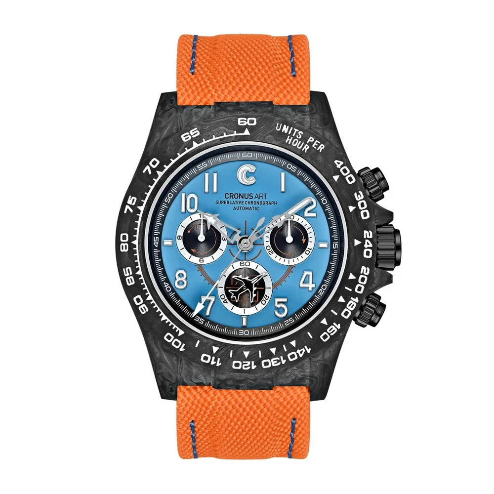 CRONUSART Men Automatic Watch 40mm Chronograph Mechanical Wristwatch Carbon Fiber Case Luminou Canvas Leather Strap