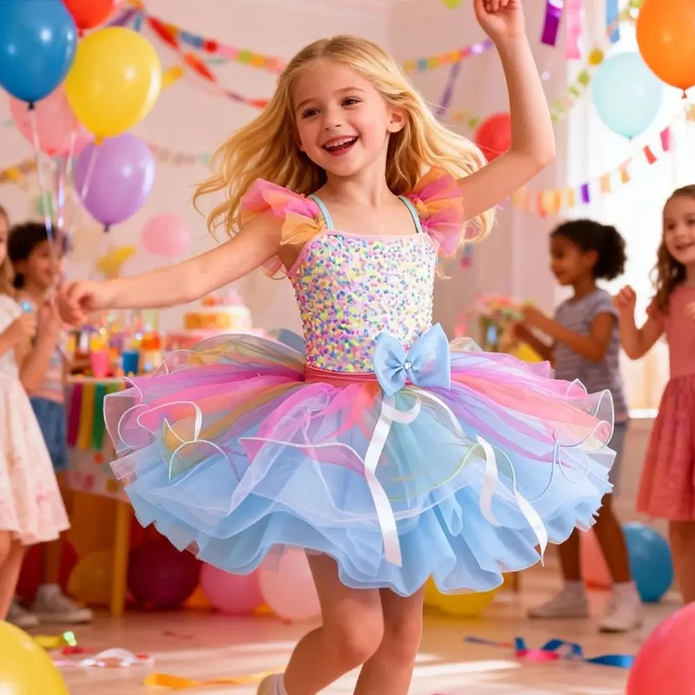 Fashion Sequin Kids Ballet Dress Rainbow Color Professional Performance Clothes Party Dress Puffy Dance Costumes Kids Girls