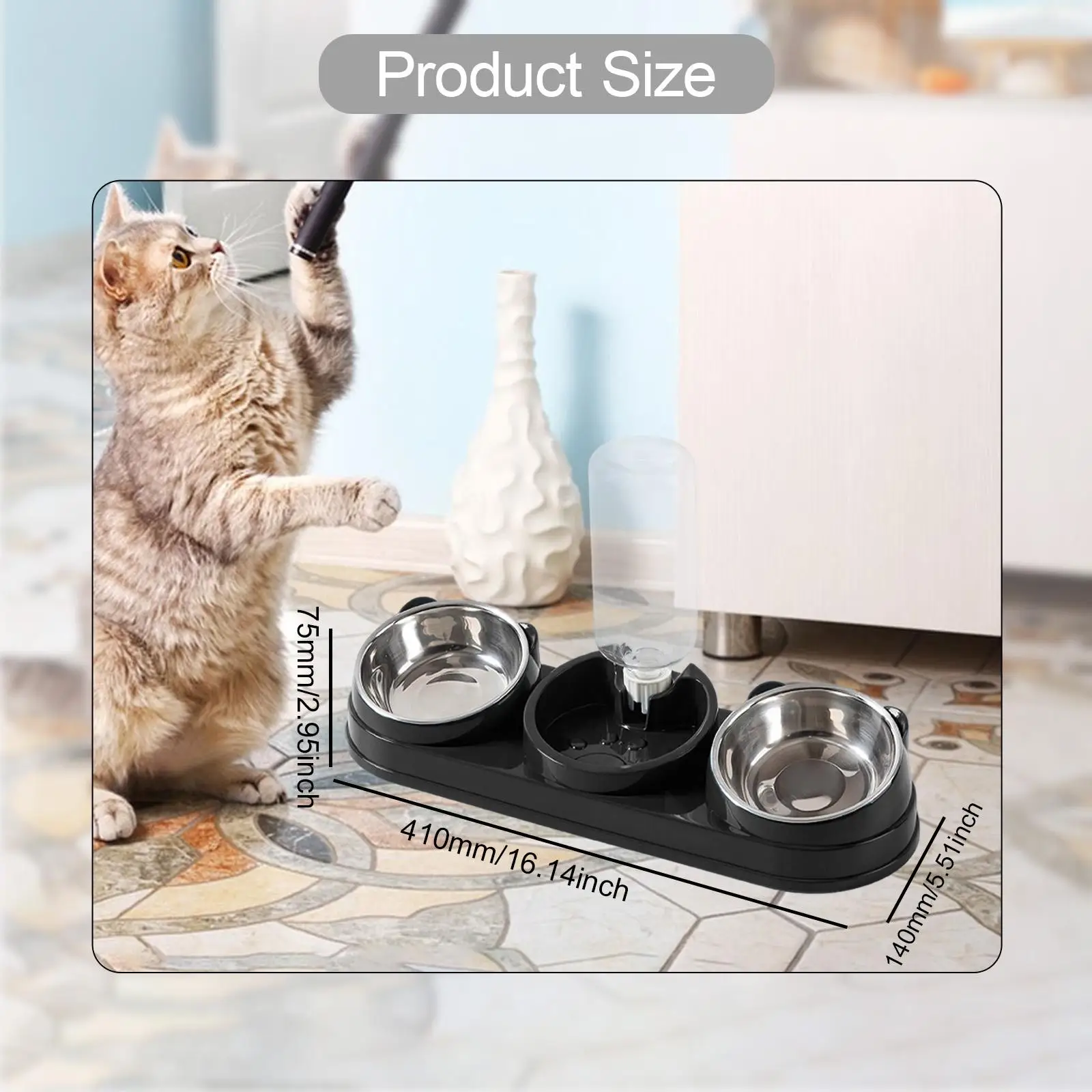 Raised Cat Dishes and Water Bowl Set 3 in 1 Automatic Drinking Bottle Tilted Feeder for Multiple Cats and Rabbits