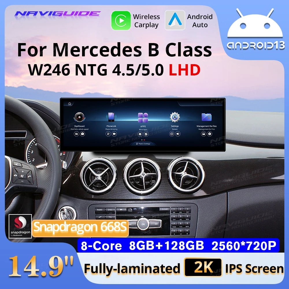 NAVIGUIDE 10.25'' 14.9'' Android 8+128G For Mercedes B Class W246 LHD 2013-2018 Carplay Auto Multimedia Player GPS Navi Headunit