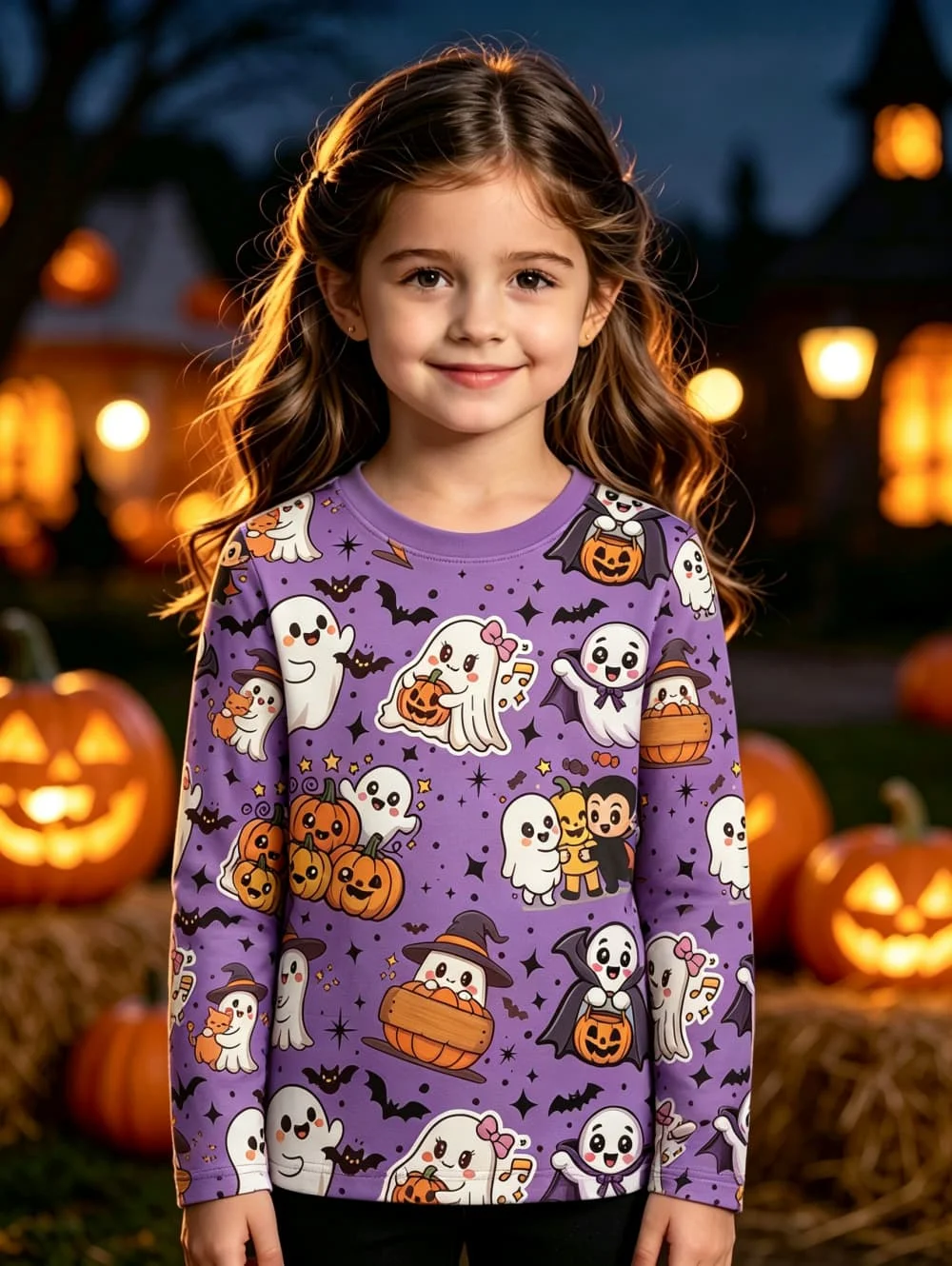 Halloween Skull Pumpkin Print Girl's T-Shirt Pullover Autumn Casual Long Sleeve Top Round Neck Holiday Party Children's Clothing