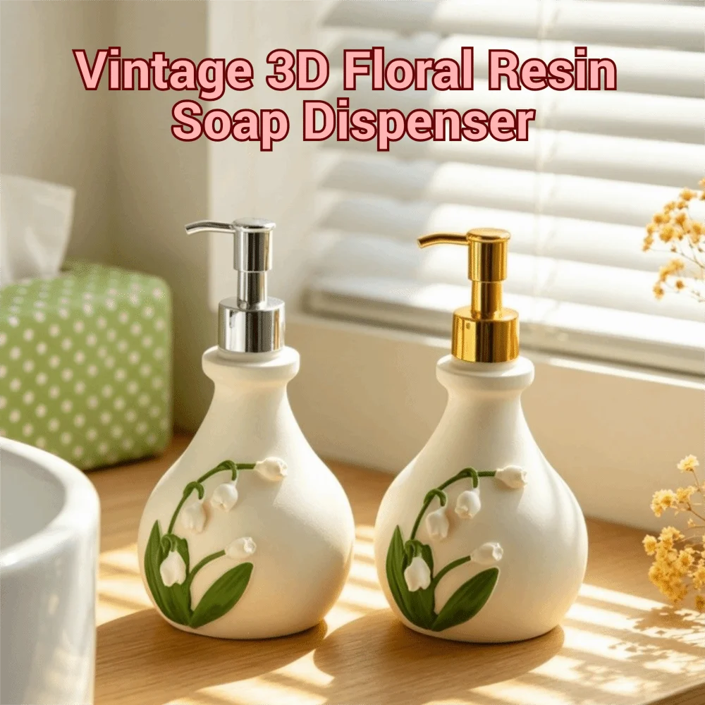 French 3D Floral Resin Soap Dispenser Freestanding Elegant Bellflower of the Valley Embossed Bottle Decor Vintage
