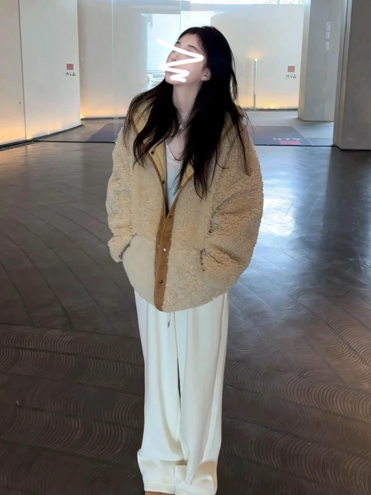 

2026 New plus Size Women's Thiened Lamb Fur Vest Korean Sle Stand Fit ort Outerwear Coat with Hoodskin Leather Integ...