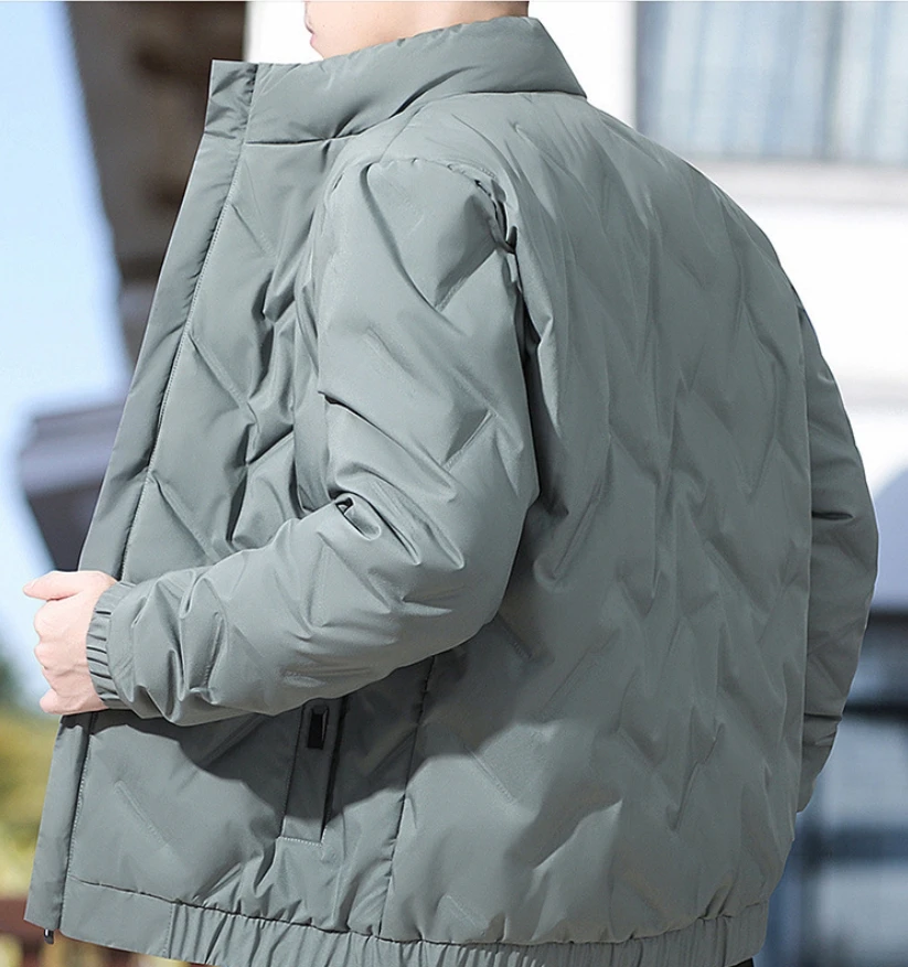 Jaket bulu angsa bermotif berlian kerah berdiri pria, tahan angin, hangat, ringan, jaket slim fit, atasan kasual serbaguna