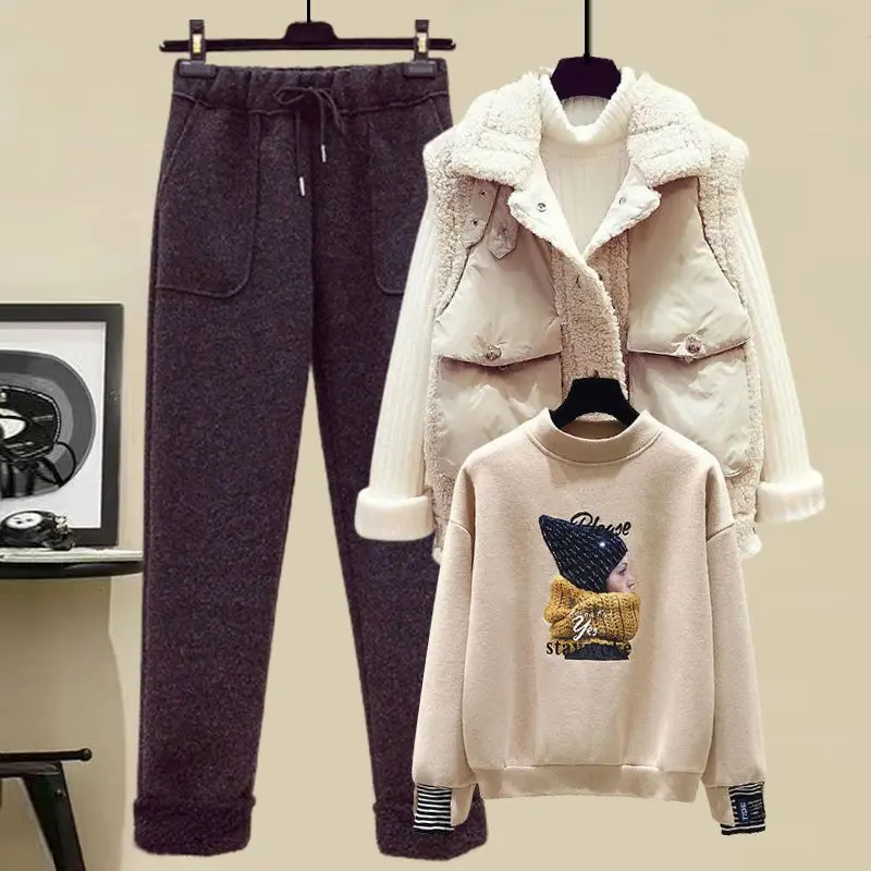 Autumn and Winter Fashion Set Women\'s 2023 New Down Cotton Tank Top Plus Plush Top Casual Pants Age Reducing Three Piece Set