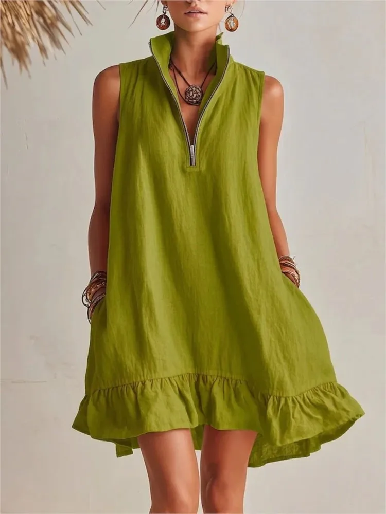 

Summer Casual Loose Ruffles Mini Dresses Women Fashion Solid Zipper Sleeveless V-neck Short Dresses Ladies Holiday Party Dress