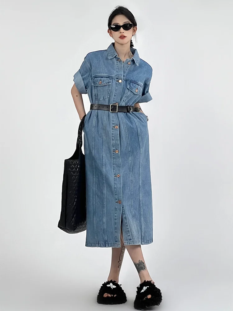 2024 Modieuze zomer nieuwe dames oversize denim shirtjurk losse vintage casual commuter flip kraag rechte buisrok