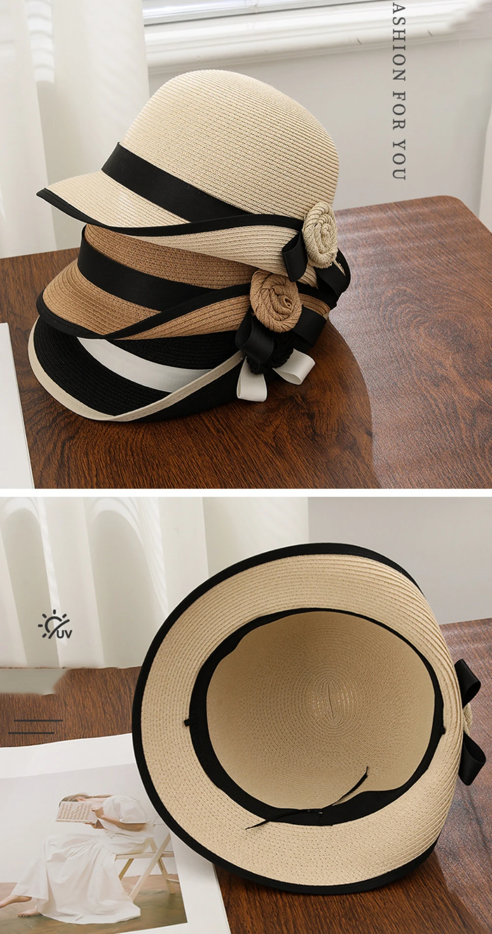 HT5078 2026 Neuer Hochwertiger Strohhut für Damen, Eleganter Atmungsaktiver Sommerhut mit Rollkrempe, Stilvoller Reise- und Strandhut für Frauen – Detail 7