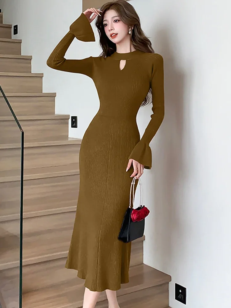 Women Fashion Chic Hollow Out Long Dress 2025 Korean Vintage Hepburn Prom Robe Autumn Winter Black Knitted Ruffled Mermaid Dress