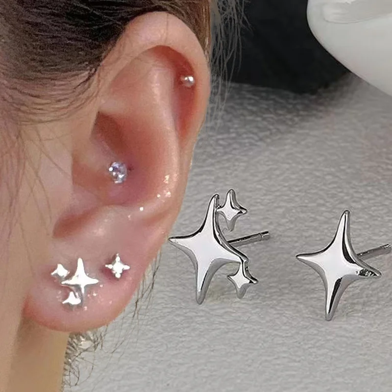 2pc Unisex Gothic Punk Copper Metal Studs Earrings Silver Color Stars Cross Pendientes Fashion for Women Men Personality Jewelry