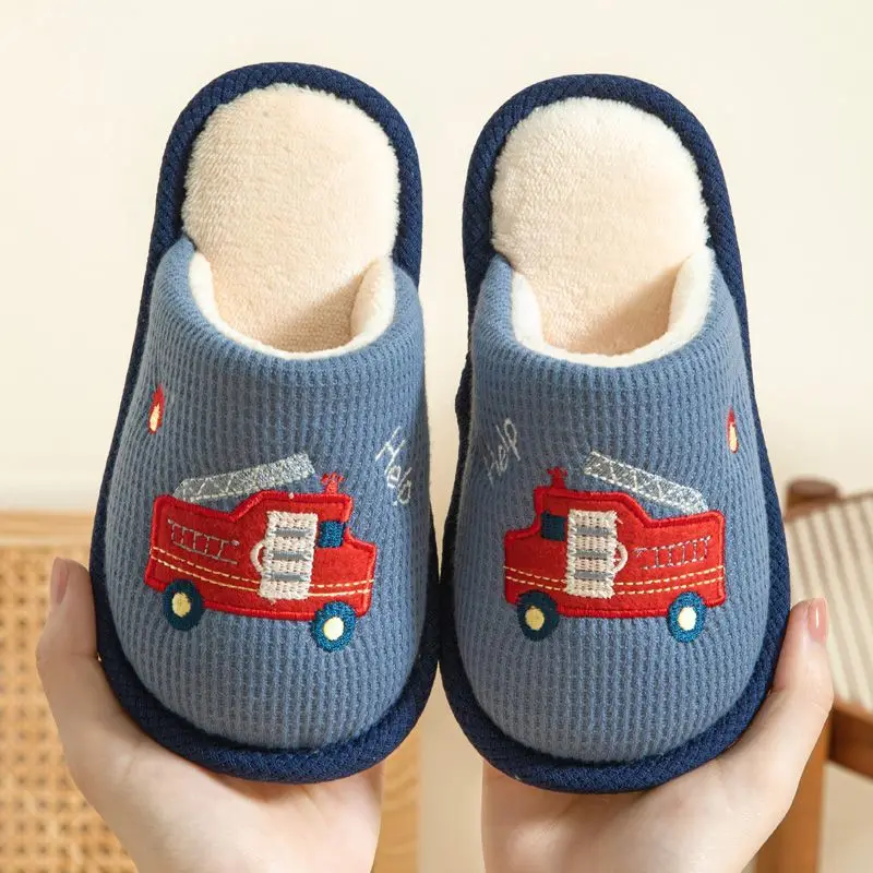 

Boys Home Indoor Slippers Kids Non Slip Warm Plush Cotton Cute Cartoon Fire Truck Design Toddler House Shoes