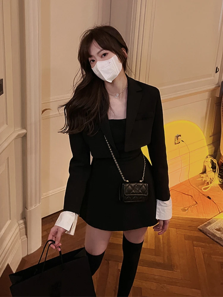 Black Korean Two Piece Dress Set Women Casual Blazer Coat + Strap Dress Set Female Grey Slim Vintage Elegant Dress Suit 2023 New