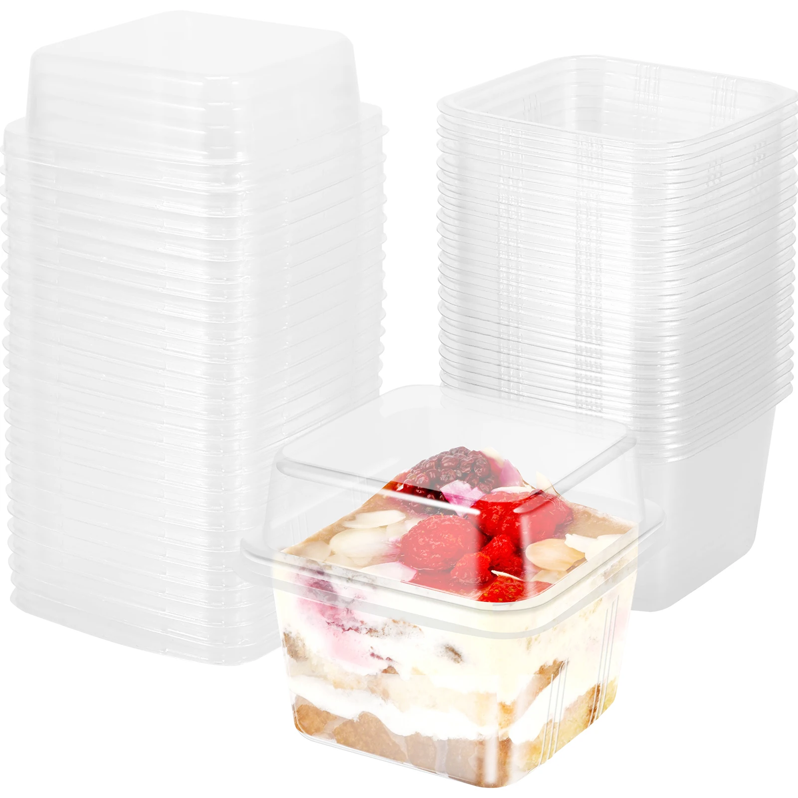 50 Uds. Tazas de postre de plástico de 8oz, caja de postre individual cuadrada transparente, caja de almacenamiento de pasteles sellada para magdalenas, pudín, fiesta de Mousse
