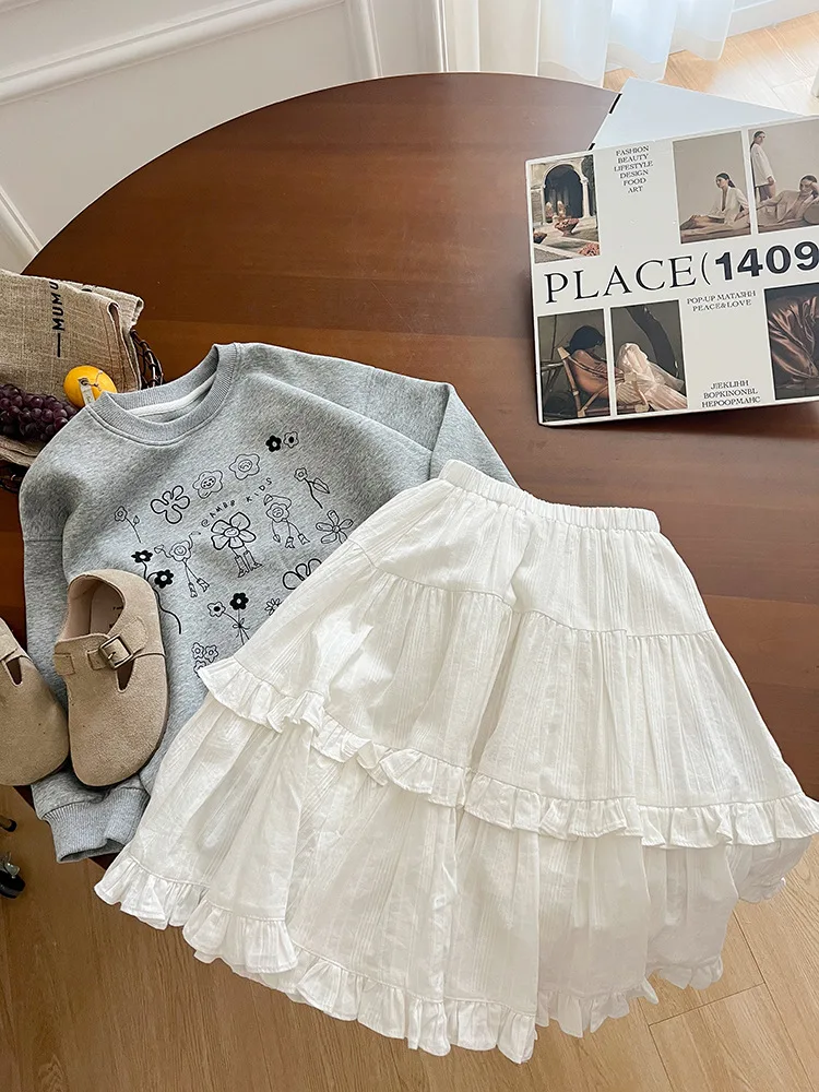 Children Clothes Girls Skirt 2024 Autumn New Temperament Long Layered Princess Casual Sweet Solid Color Lace Cake Skirt