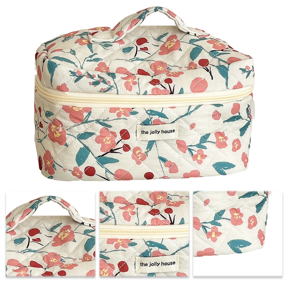 Trousse de maquillage à fleurs fragmentées matelassées pour femmes, sac de rangement portable, trousse de toilette de grande capacité, trousse d'évaluation pour les voyages en plein air