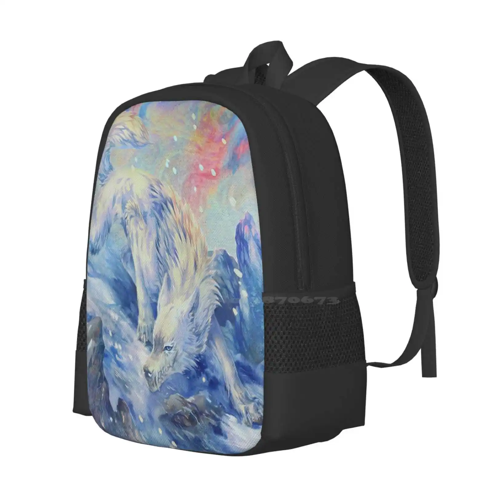 Skoll - Watercolor Hot Sale Backpack Fashion Bags Watercolor Watercolour Wolf Pastel Blue White Pink Traditional Snow