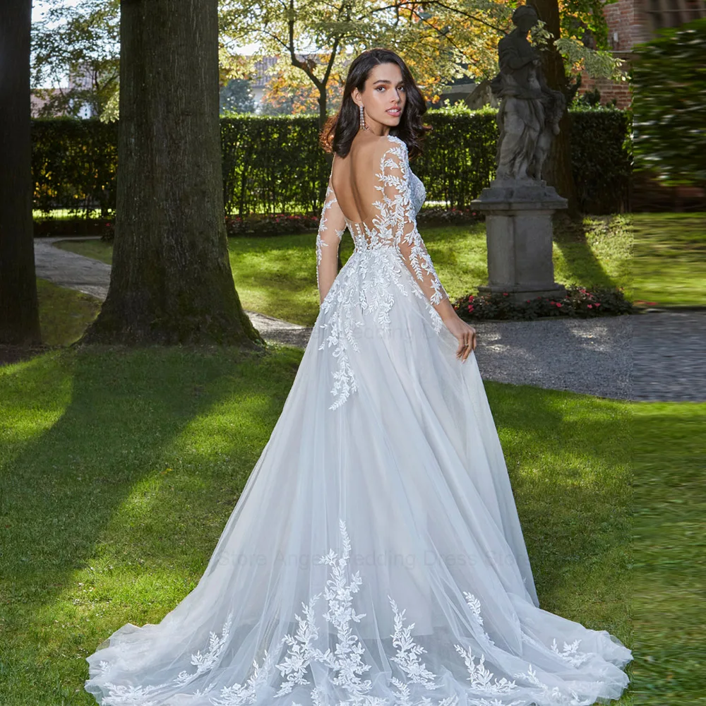 Anjo elegante vestido de casamento personalizado sexy sem costas tule vestidos de noiva renda applique a linha o-pescoço vestido de noiva 2025