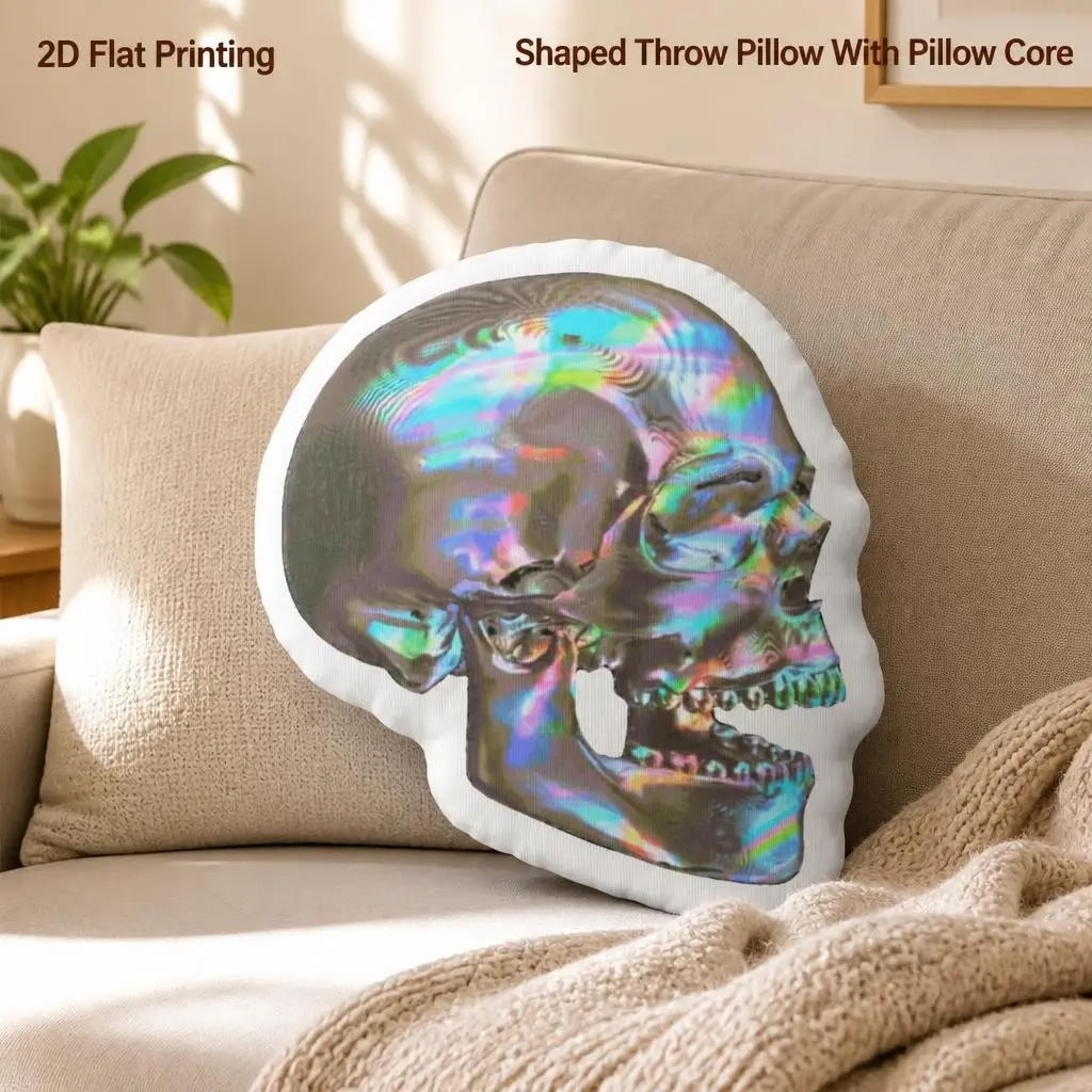 Iridescent Rainbow Skull Shaped Plush Pillow Holographic Cushion Stuffed Throw Pillow Gothic Home Decor Sofa Accent Gift