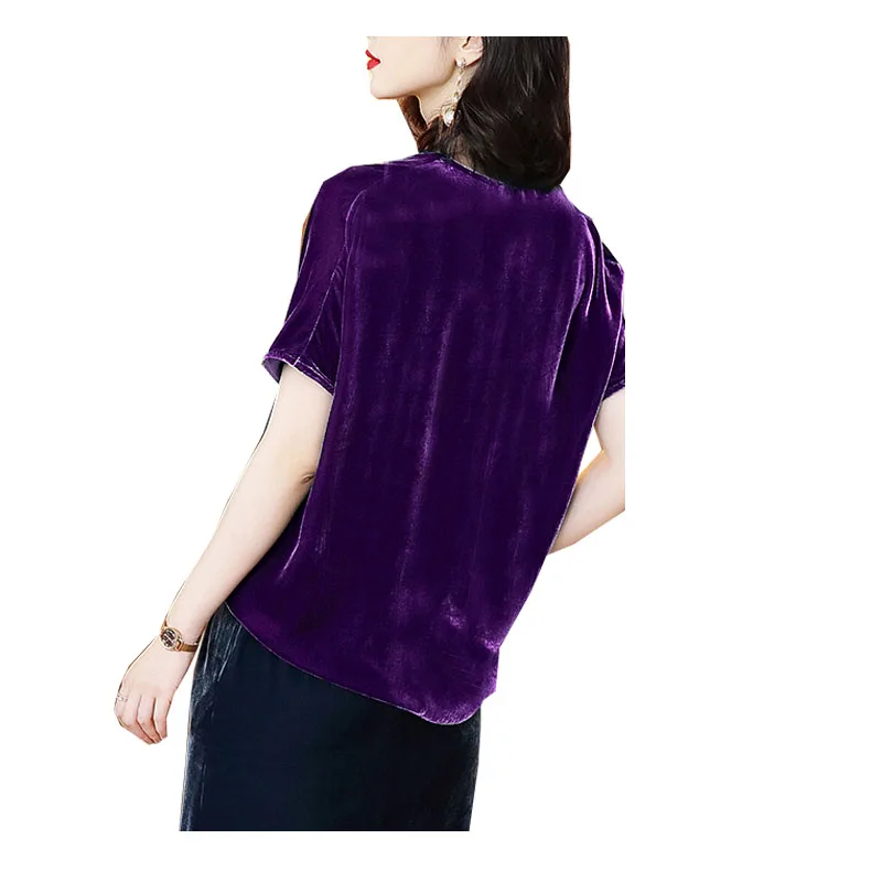 Real Silk Velvet Spring Summer Women's Short Sleeve V-neck T-shirt Purple Soft Comfortable Pullover Simple High-end Women's Wear