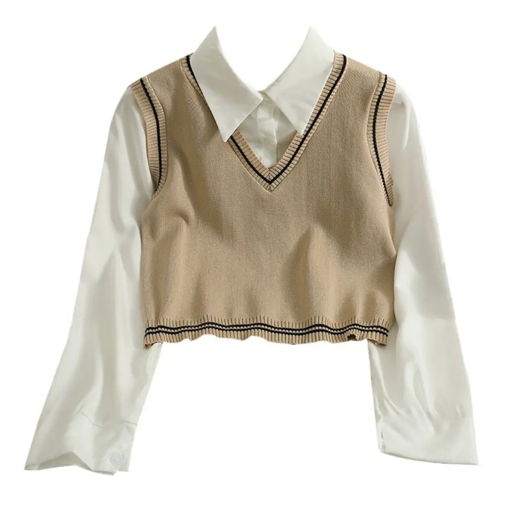 

Women's Fake Two-Piece College Style Vest Stitching Shirt Short Top Gentle Style Outerwear for Autumn Winter