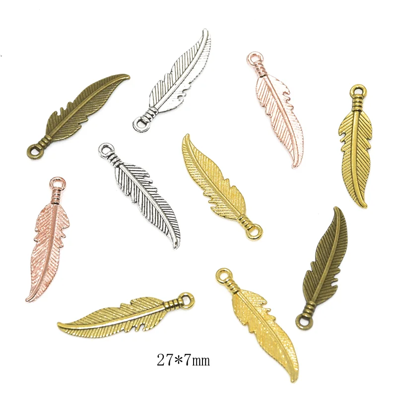 Wholesale 30pcs 5 Colors Feather Charms Alloy Metal Pendants For DIY Bracelets Necklace Jewelry Making Craft Supplies 27*7mm