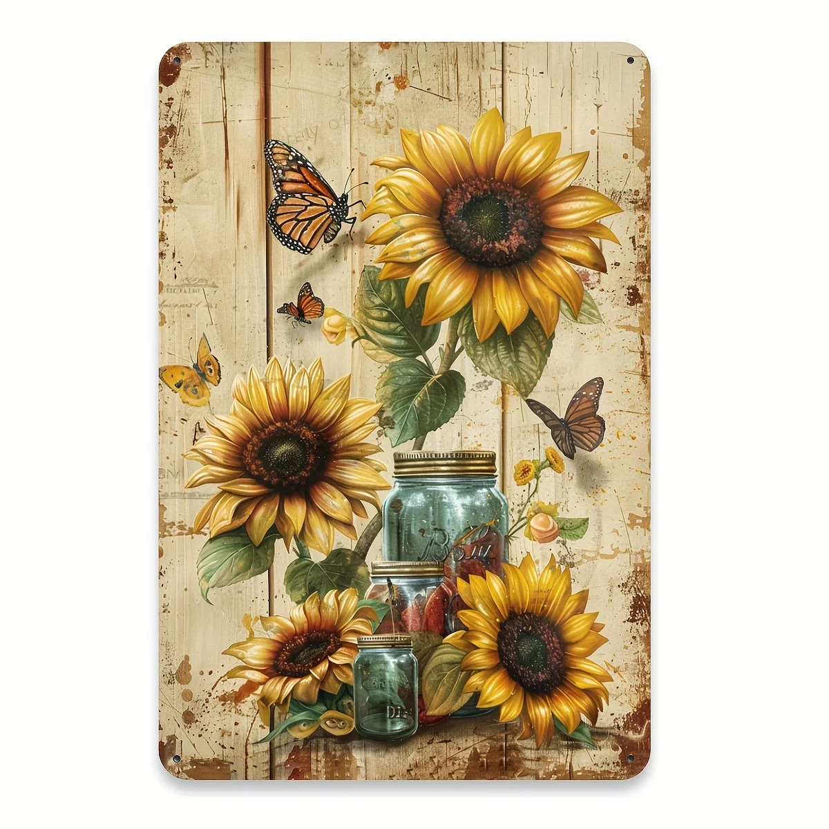 1pc Vintage Sunflower & Butterfly Metal Tin Sign - Rustic Wall Art with Mason Jar Accent, Indoor/Outdoor Decor for Home, Cafe, G