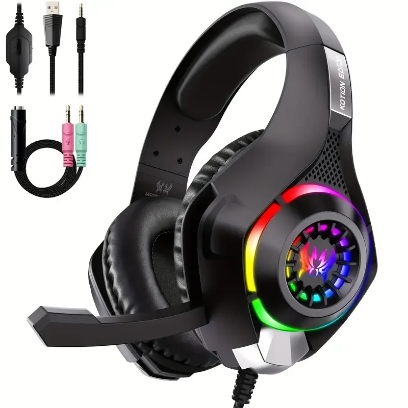 Gaming Headset for PC, PS4, PS5, Gaming Headphones with Noise Cancelling Mic RGB Light, Bass Surround, Soft Memory Earmuffs Over
