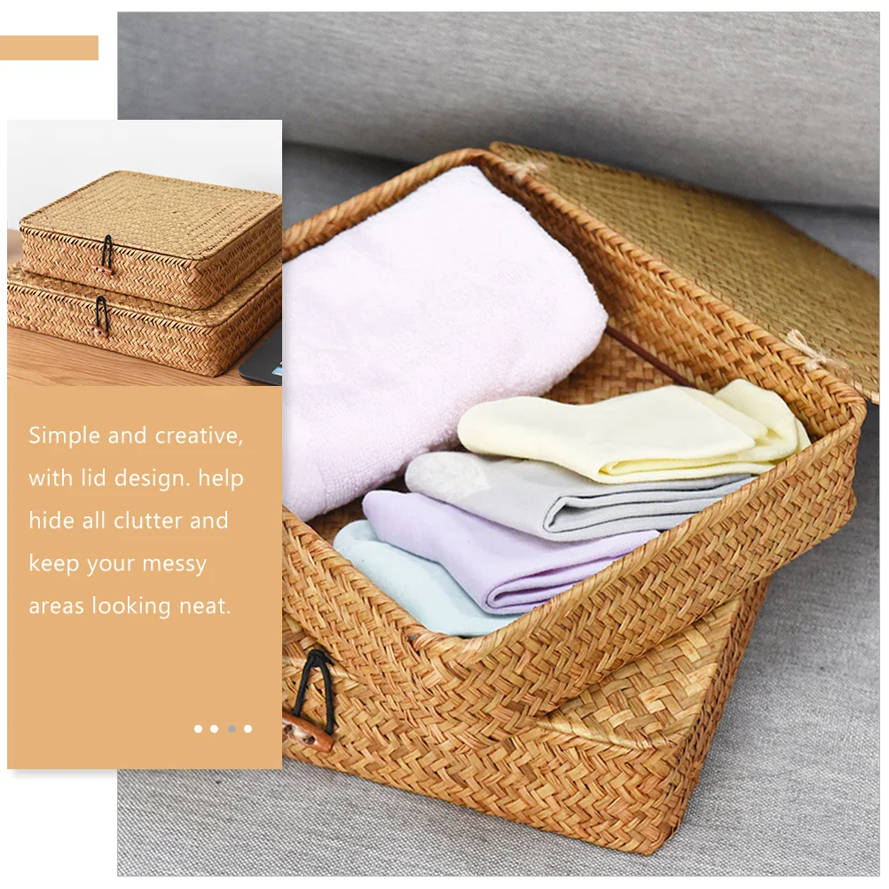 

2Pcs Seagrass Storage Basket with Lid Woven Organizer Basket for Snacks Fruits Home Decor Natural Handcrafted Shelf Bin