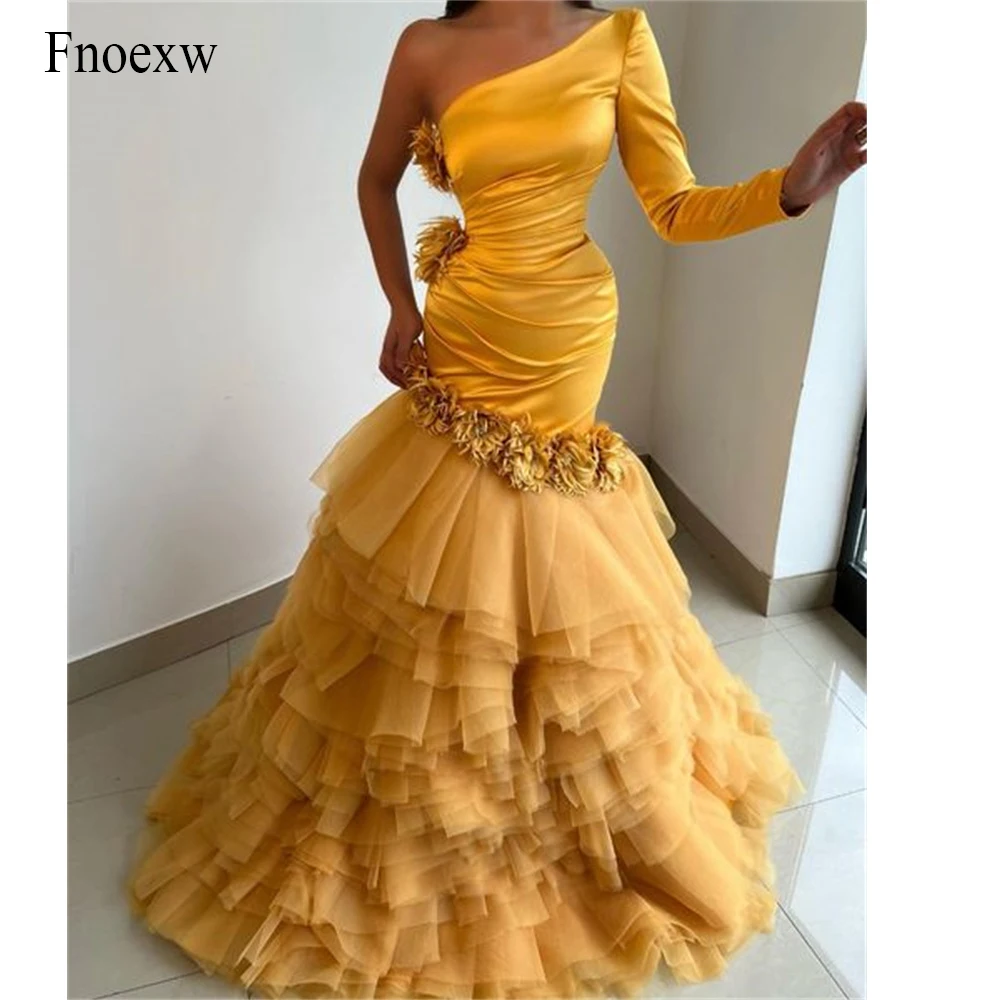 

Fnoexw Gold Vestidos De Festa Mermaid Prom Dresses One Sleeve Evening Dress 3D Flowers Tiered Tulle Formal Event Party Gowns