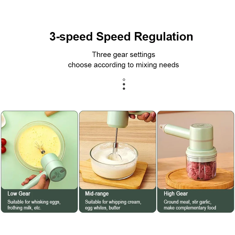 Bezprzewodowy elektryczny rozdrabniacz czosnku Masher trzepaczka do jajek 3-kontrola prędkości z 2 mieszadłami kuchnia ręczny spieniacz USB 2 w 1