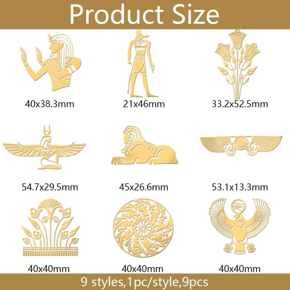 9pcs 1.6x1.6 Inch Sphinx Metal Stickers for Resin Crafts Eagle Goddess of Justice Sticker Self-Adhesive Gold Decals Egypt Metal