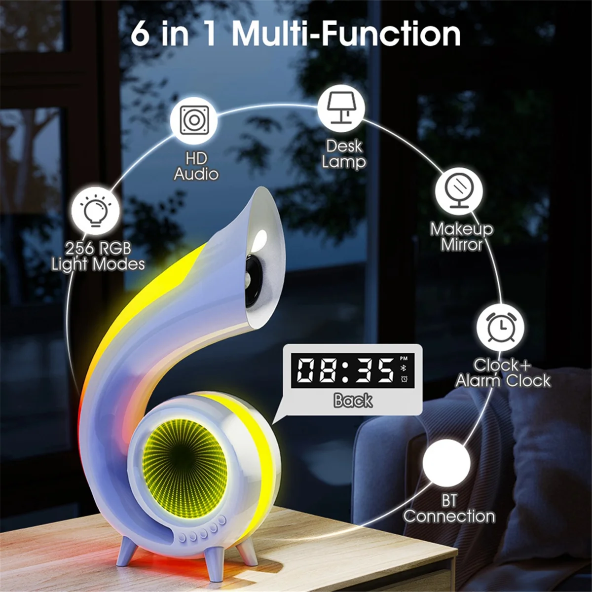 

Mini Conch Wireless Atmosphere Lamp Touch to Adjust Lighting RBG Desktop Lamp Wireless Bluetooth Speaker Alarm Clock,A