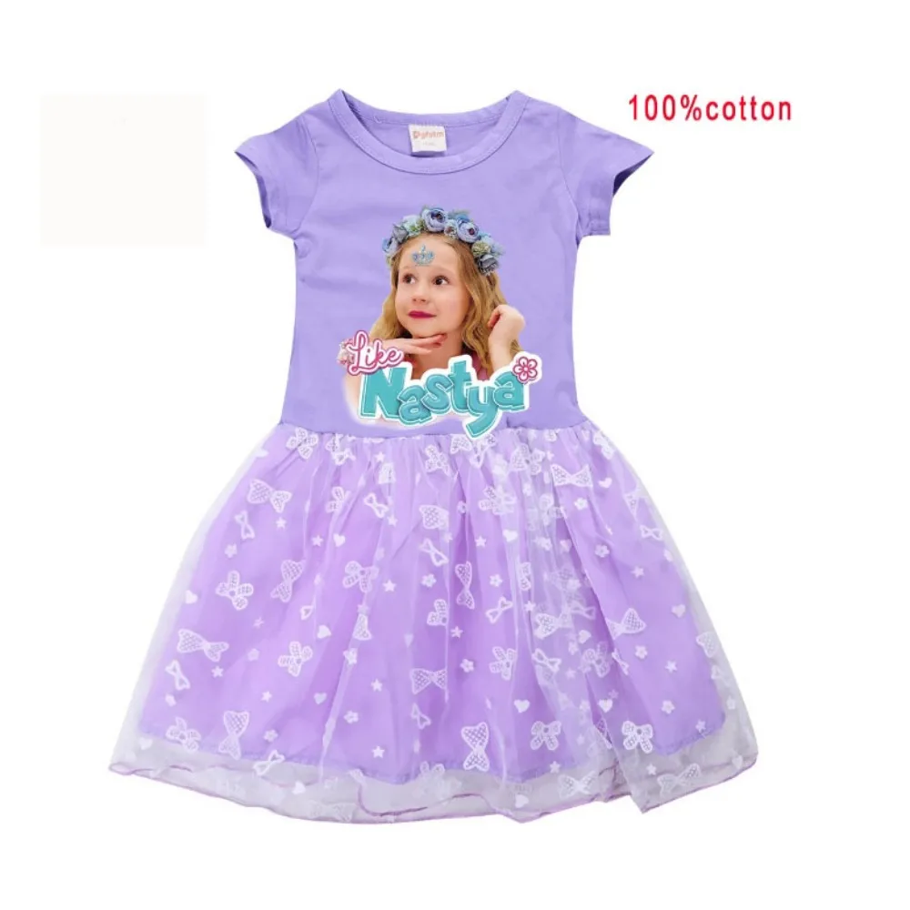 Kawaii Russian Like Nastya Clothes Kids Short Sleeve Casual Dress Baby Girls Lace Dress & Wreath Children Wedding Party Vestidos