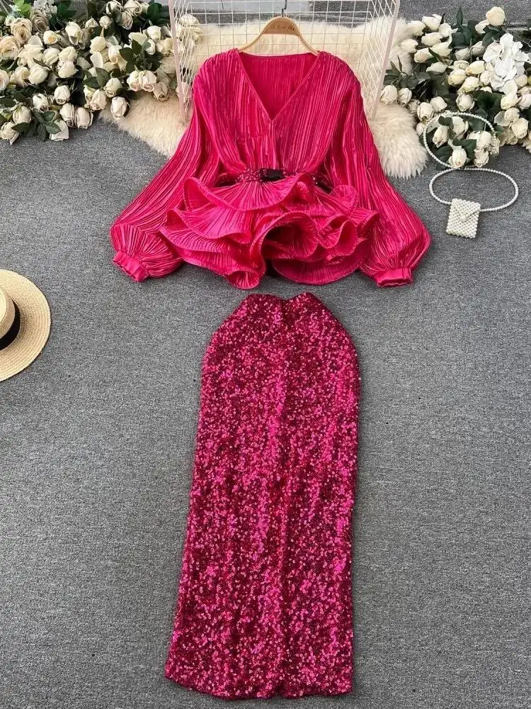 Sexy Club Luxury Sequined 2 Pieces Set Women V Neck Lantern Sleeve Belt Ruffles Shirt Top + Elastic Waist Bodycon Skirt Suit