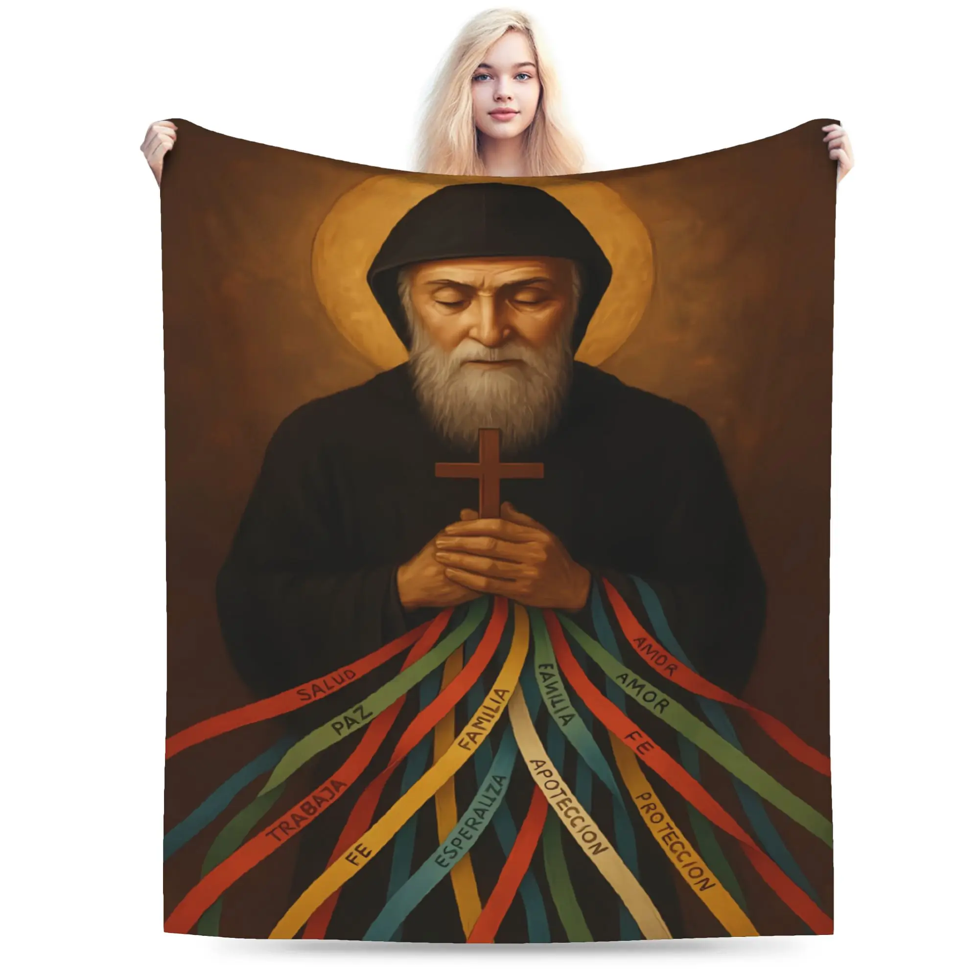 Stunning Saint Charbel Stained Glass Portrait Blanket  Travel Flannel Throw Blanket For Couch Chair Super Soft Bedspread Gift