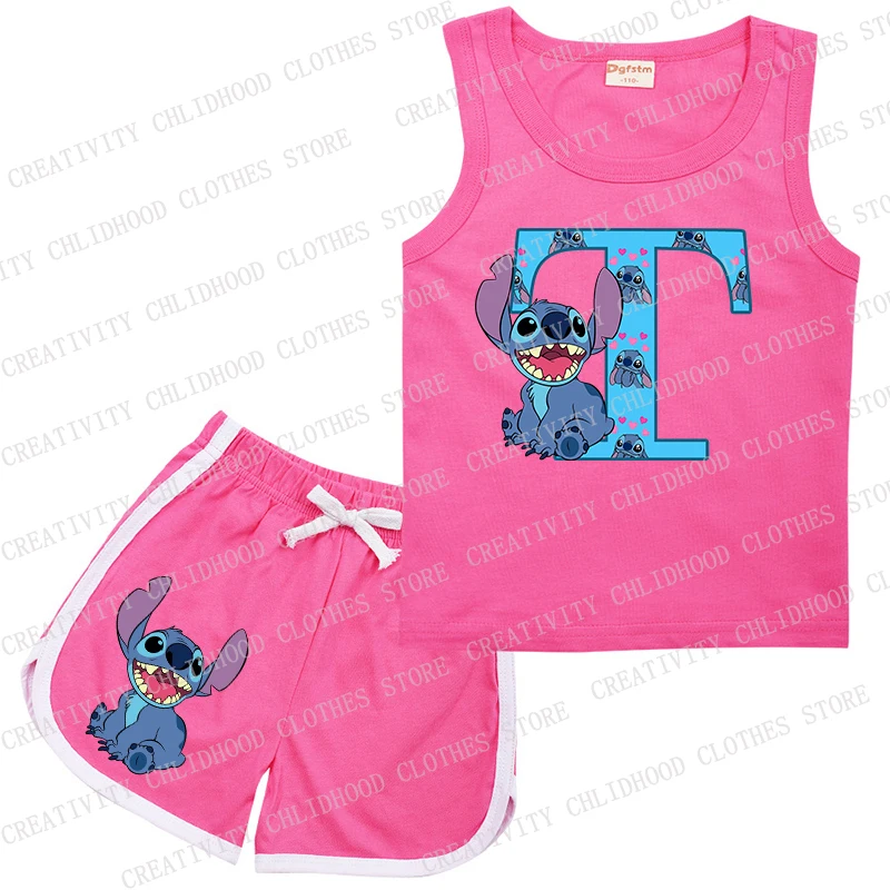 Bambini Stitch Letter A -Z Suit Sports Rose Clothes Casual Disney senza maniche Girl Boy Vest & Shorts 2 pezzi set abbigliamento estivo per bambini