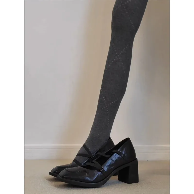 Retro Pendler Schwarz Blockabsatz Mary Jane Schuhe Schönes Temperament Weiche Sohle Spitze Zehen High Heels Damen