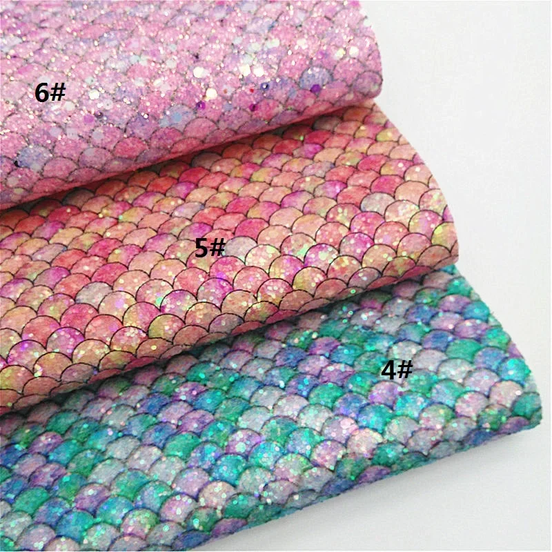 Fish Scales Mermaid Custom Chunky Glitter Leather Sheets Felt Backing Glitter Leather Fabric DIY Craft Sheets Mini Rolls W351