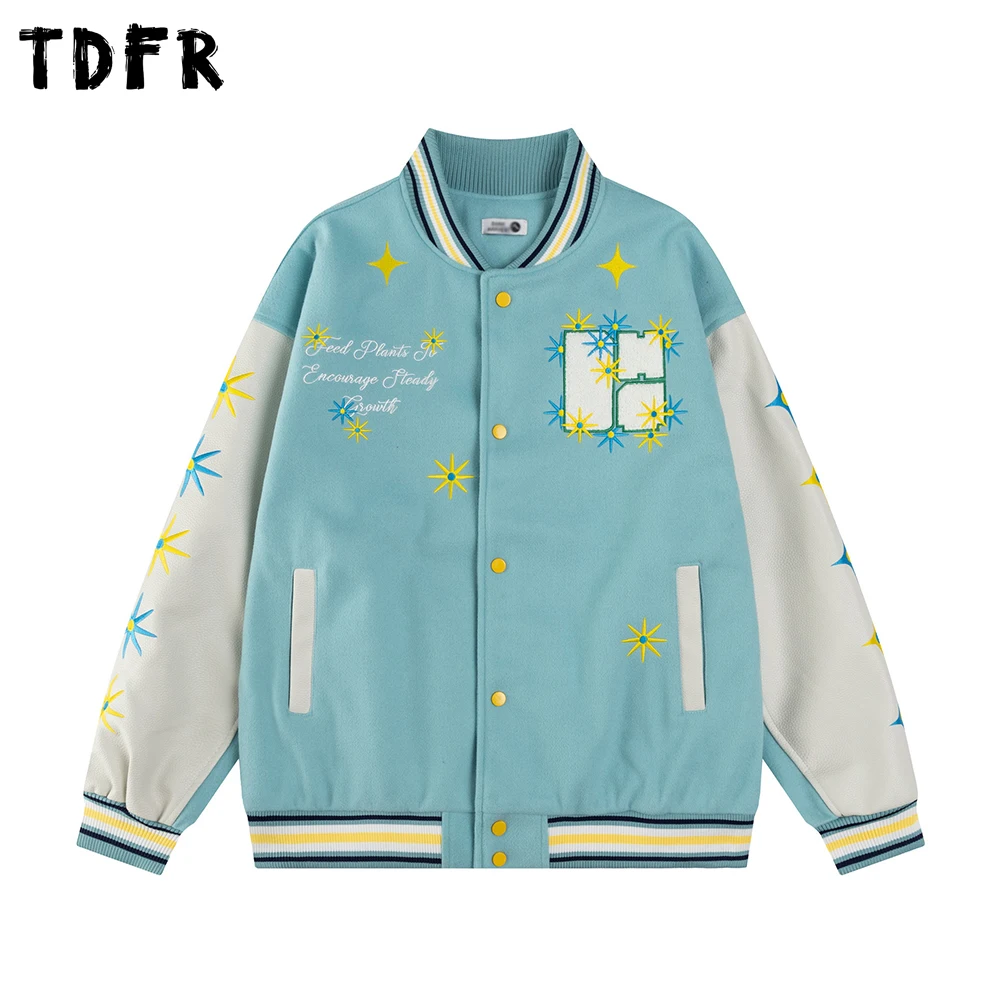 

Contrast Embroidery Baseball Jacket Mens Autumn Winter Retro Casual Stand Collar Sleeve PU Letterman jacket Man Outerwear