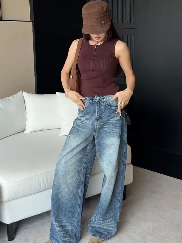 

American Style High Waist Straight Leg Jeans Women's Autumn Design Embroidery Loose Drapey Wide Leg Pants Long Trousers