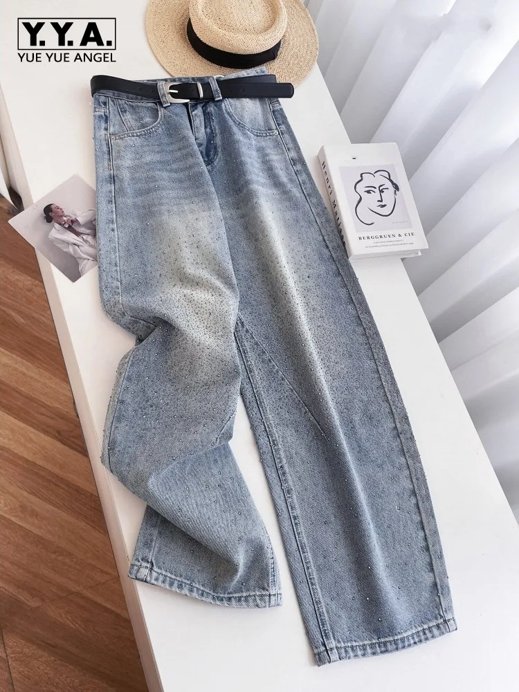 

Vintage Office Ladies Denim Jeans Spring Streetwear High Waist Denim Pants Loose Fit Rhinestone Casual Women Wide Leg Trousers